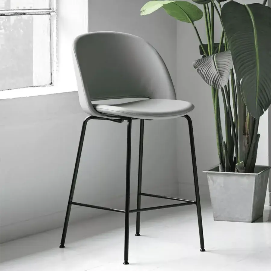 Superior Bontempi Polo stool with curved seat and backrest in muted grey-green with matte metal base crafted in Italy
