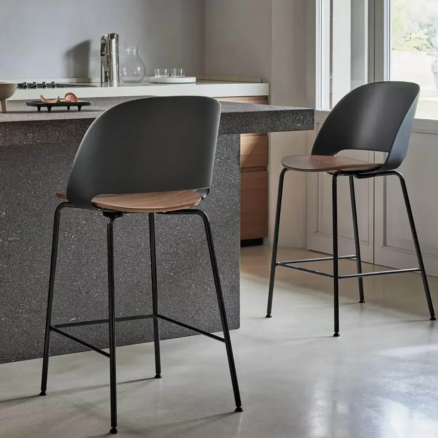 Superior Bontempi Polo stool with dark gray matte synthetic seat and backrest, satin medium brown wooden ring, matte black metal base