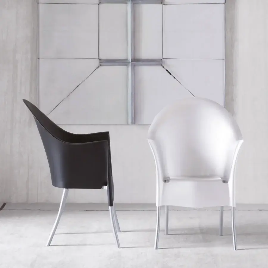 Elegant Driade Lord Yo armchair with refined aluminum structure and molded polypropylene shell in glossy black