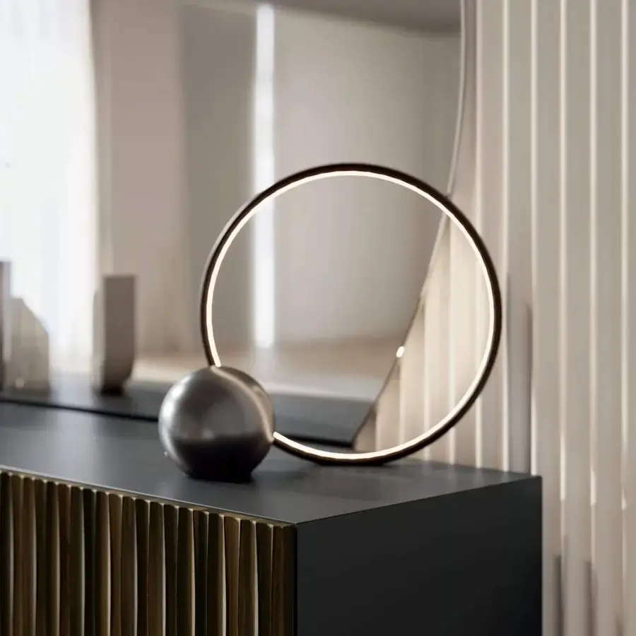 Exceptional Bontempi Circle lamp crafted in Italy with warm gold illumination and a muted metallic satin finish
