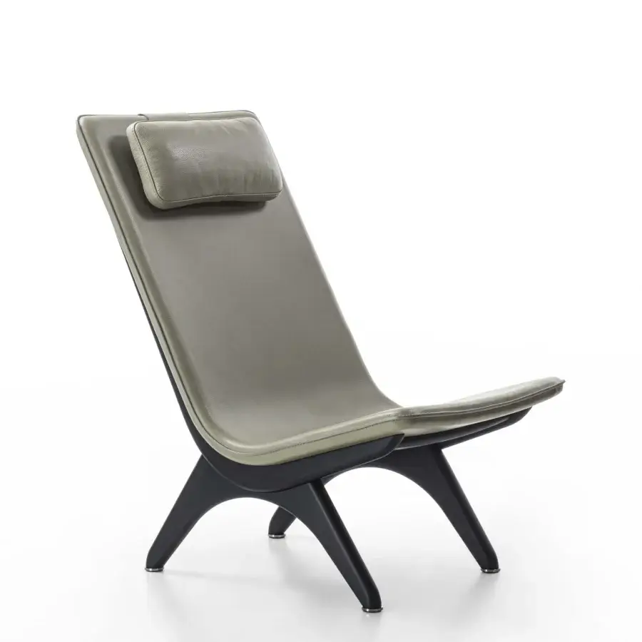 Exceptional Porada Koko lounge chair with Canaletta walnut structure and smooth grey-green upholstery with black chrome metal details