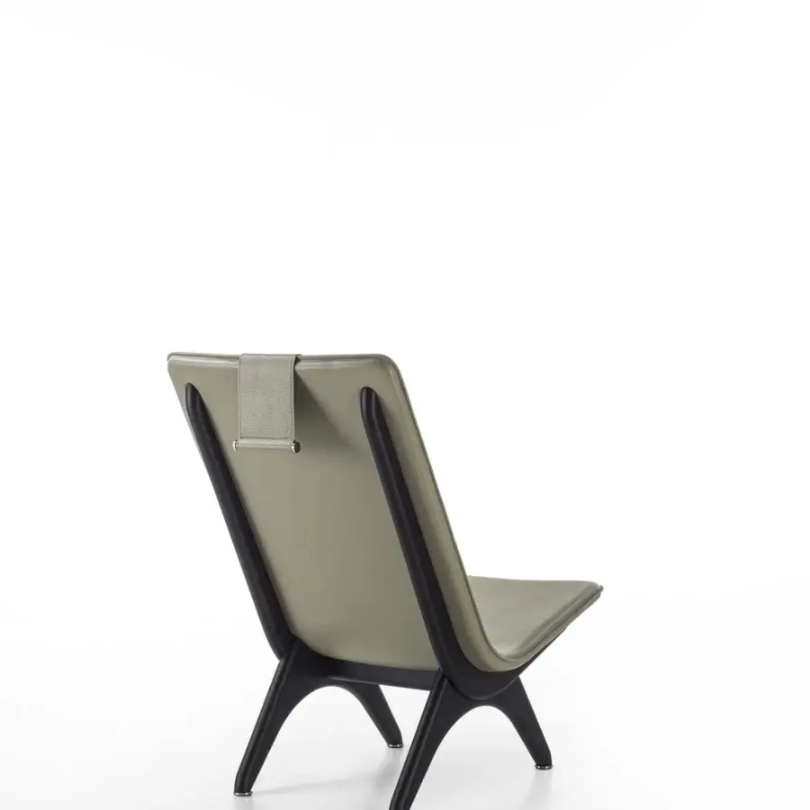 Exceptional Porada Koko lounge chair with Canaletta walnut frame and sage green fabric upholstery with black chrome details