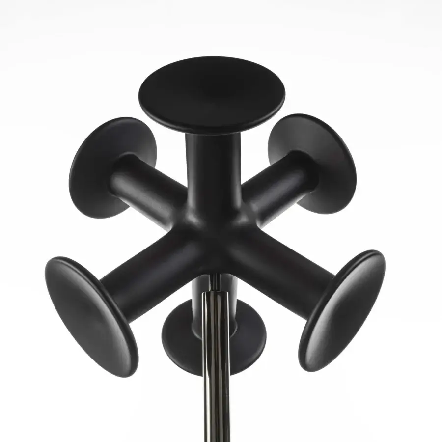 Exclusive Porada Nodo coat rack with geometric silhouette crafted in black finished solid ash wood and metal