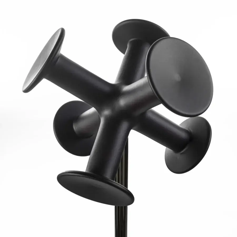 Distinguished Porada Nodo coat rack with geometric form crafted in matte black finished turned solid ash wood and metal
