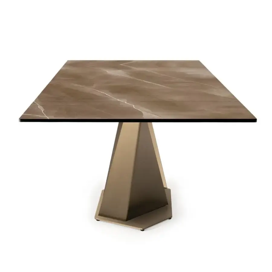 Exceptional Reflex Quartz table with light brown marble-like top and geometric bronze finish metal base