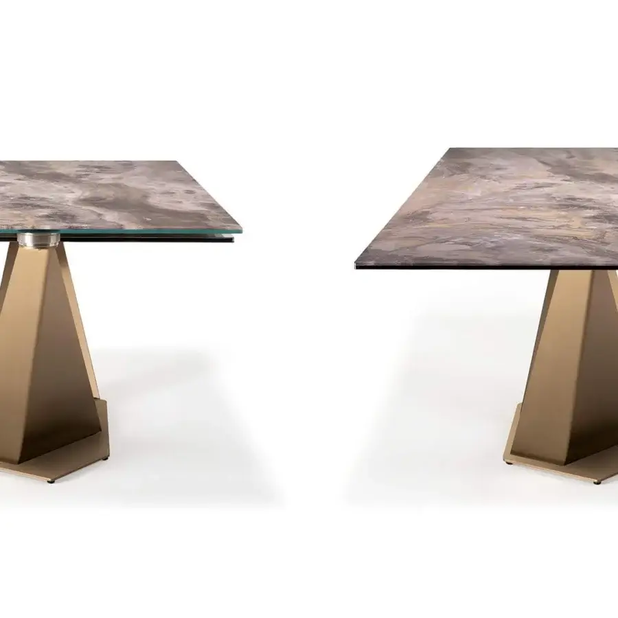 Superior Reflex Quartz table with a bronze finish and stone composite-like surface in gray, brown, and gold tones
