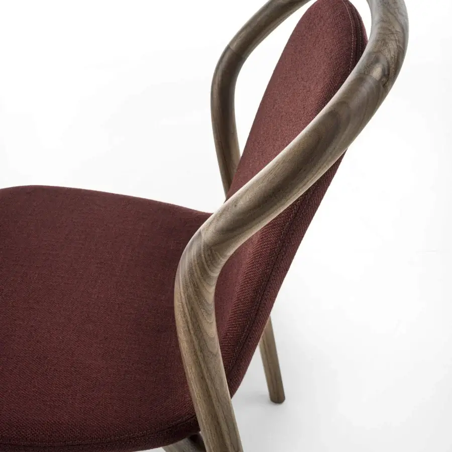 Superior Porada Petra chair with sculpted solid Canaletta walnut and reddish-brown textured textile upholstery in satin finish
