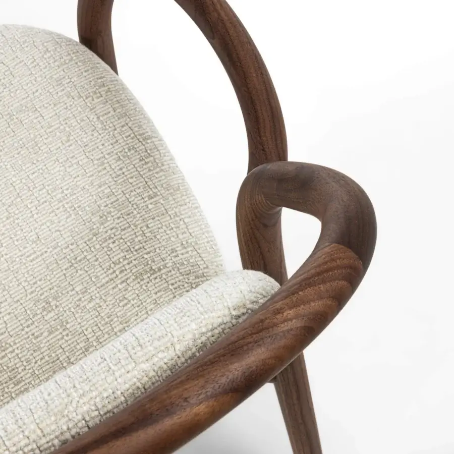 Superior Porada Petra chair crafted with solid Canaletta walnut and neutral off-white woven textile with satin finish