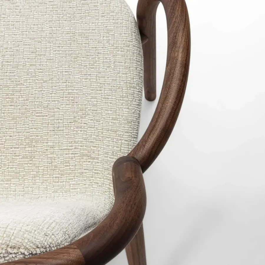 Lavish Porada Petra chair built with solid Canaletta walnut and light beige subtly textured upholstery with satin finish