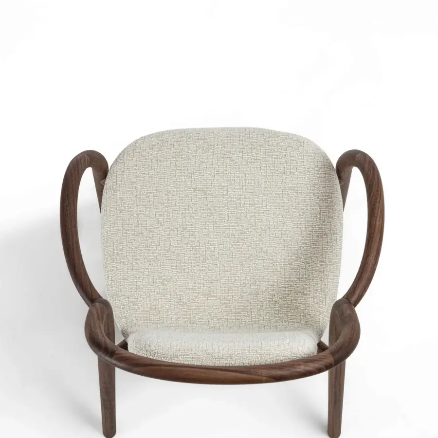 Distinctive Porada Petra chair with solid Canaletta walnut frame and comfortable light beige textured upholstery