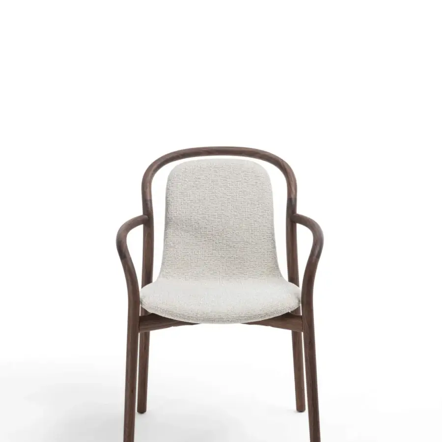 Superior Porada Petra chair with solid Canaletta walnut frame and subtly textured light beige upholstery