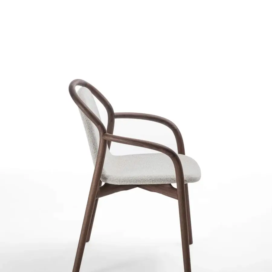 Sophisticated Porada Petra chair with solid Canaletta walnut frame and subtly textured light gray upholstery