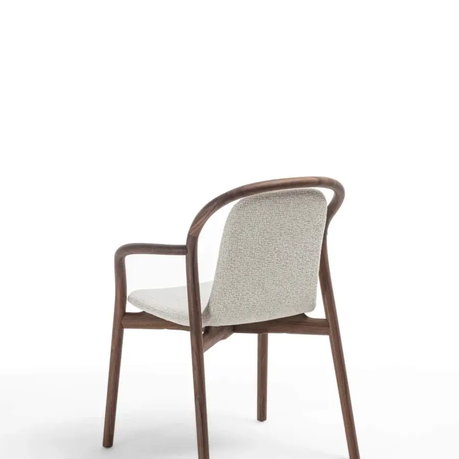 Distinguished Porada Petra chair with solid Canaletta walnut frame and light beige textured textile upholstery with satin finish