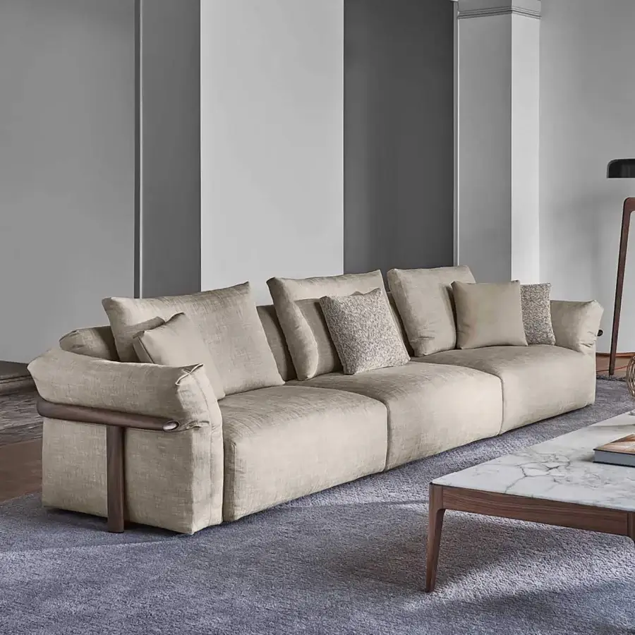 Exceptional Porada Ronny sofa crafted with multilayer wood, poplar, and fir, upholstered in textured neutral beige textile with satin-finish wooden armrests