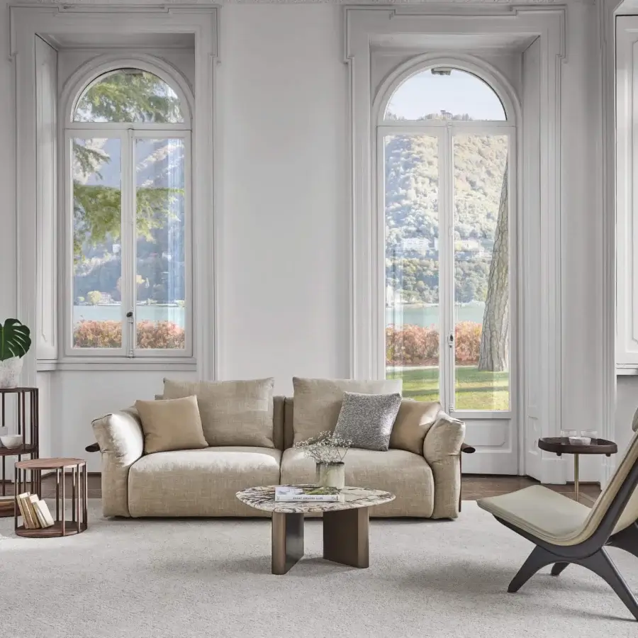 Lavish Porada Ronny sofa built with multilayer wood, solid poplar, and neutral beige textile upholstery