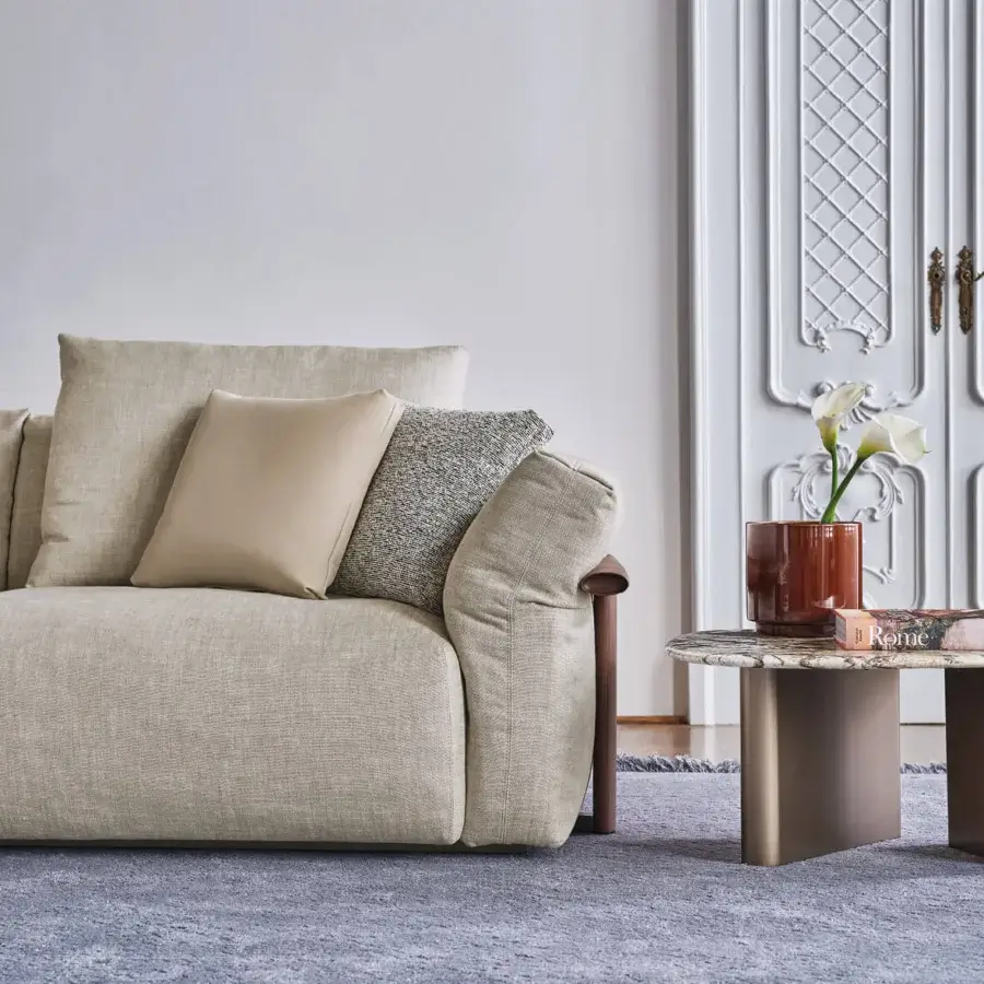 Superior Porada Ronny sofa crafted in Italy with neutral beige textile and satin-finish wood legs