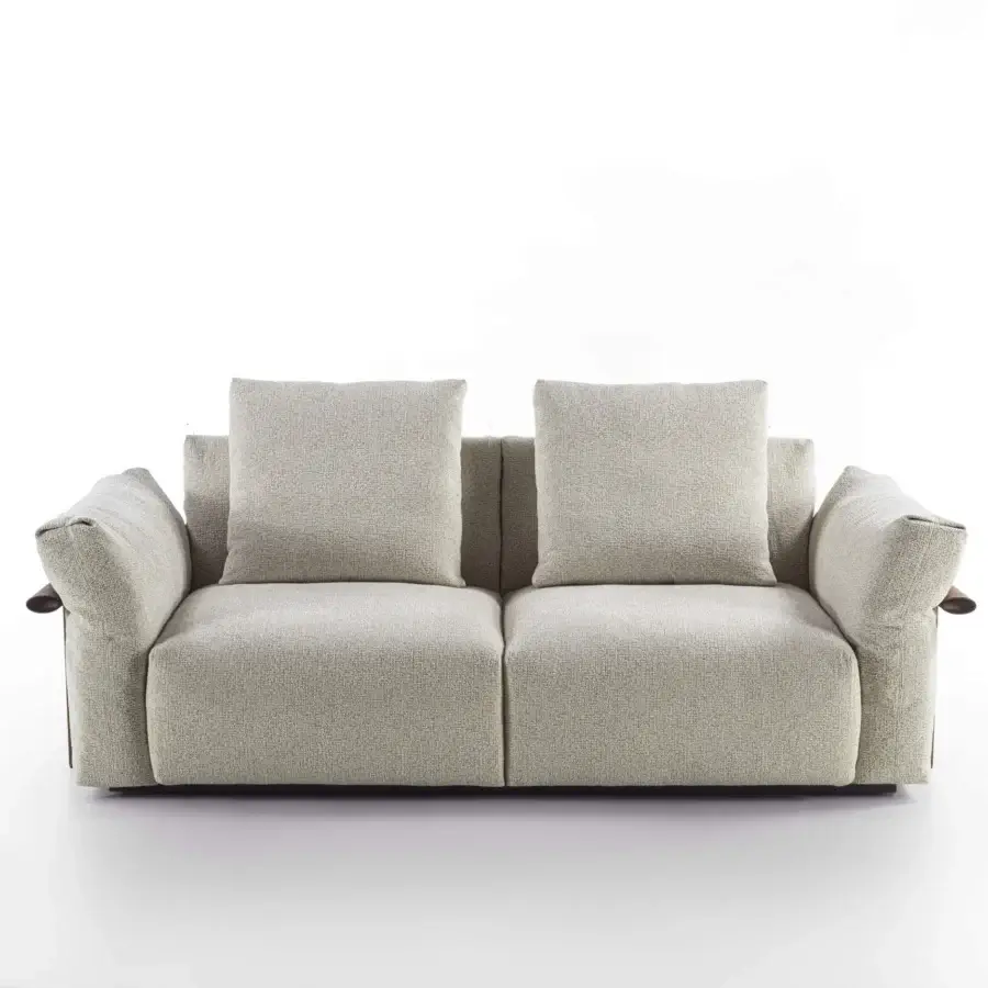 Exceptional Porada Ronny sofa crafted in Italy with textured light beige textile and refined wood base