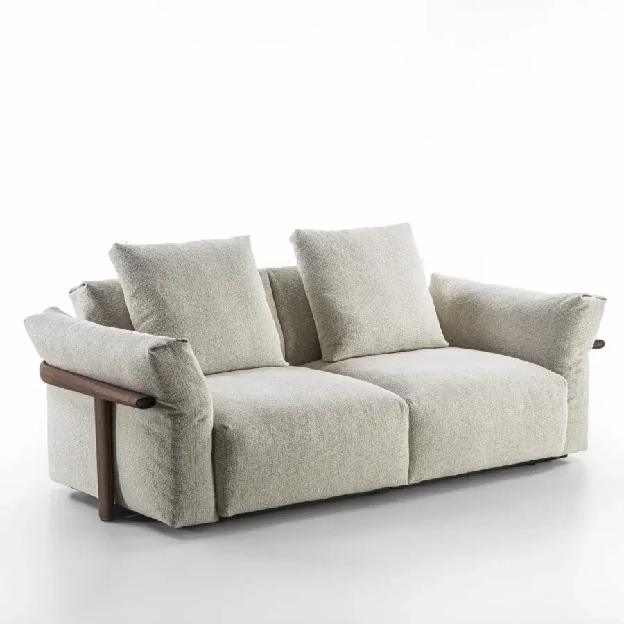 Lavish Porada Ronny sofa crafted in Italy with light beige textile upholstery and medium-brown finished multilayer wood structure