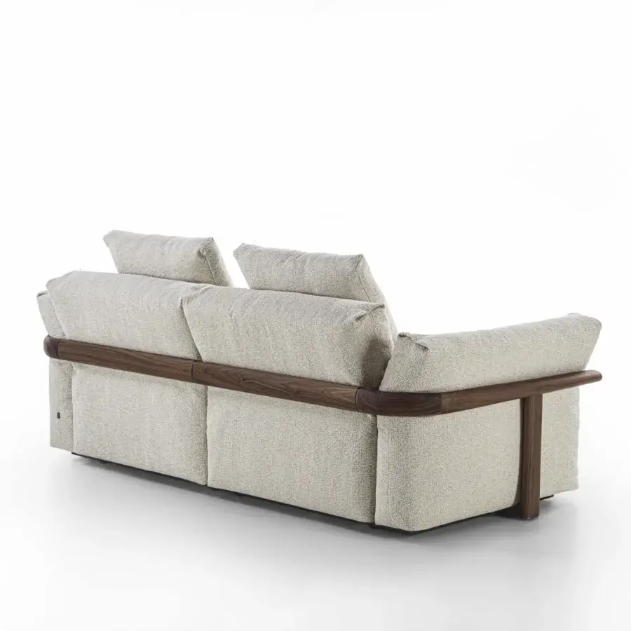 Distinguished Porada Ronny sofa crafted in Italy with neutral beige textile upholstery and satin-finish wood base