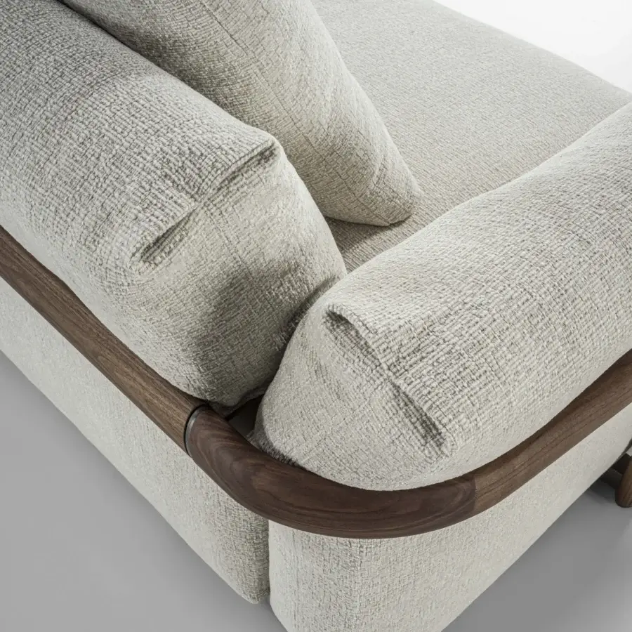 Exceptional Porada Ronny sofa with sculpted form and inviting neutral beige textile upholstery in a satin medium-brown finish