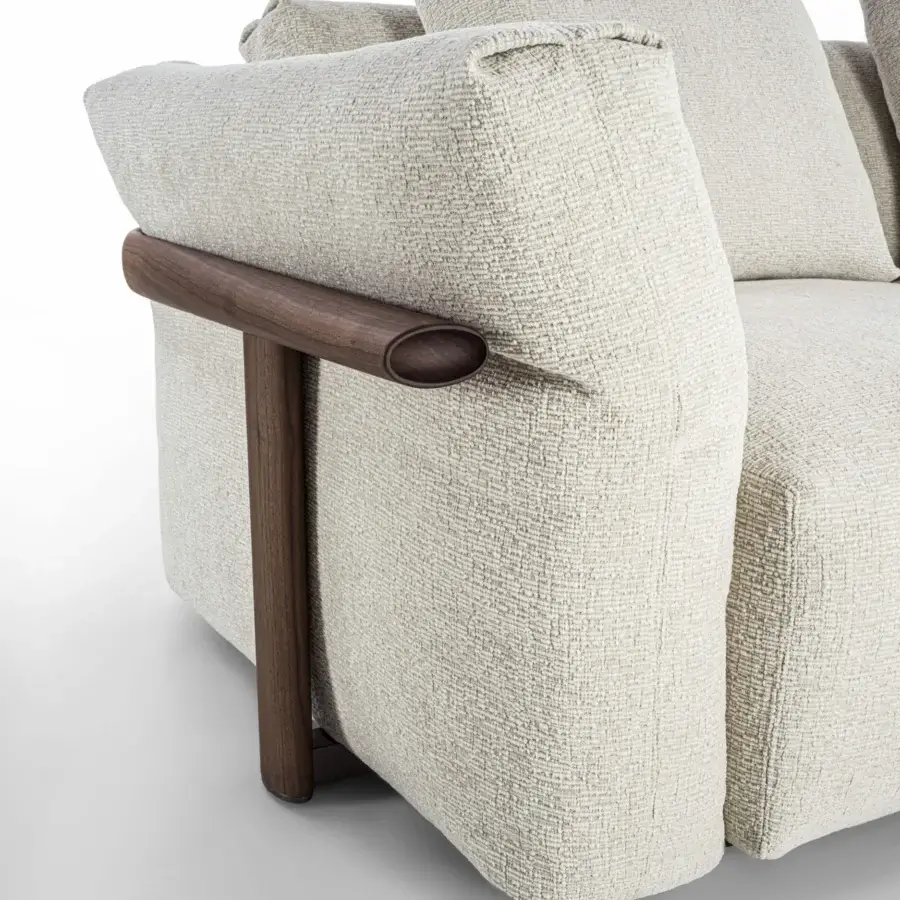 Lavish Porada Ronny sofa with quilted goose down duvet encased in neutral beige textile and satin finished wood structure