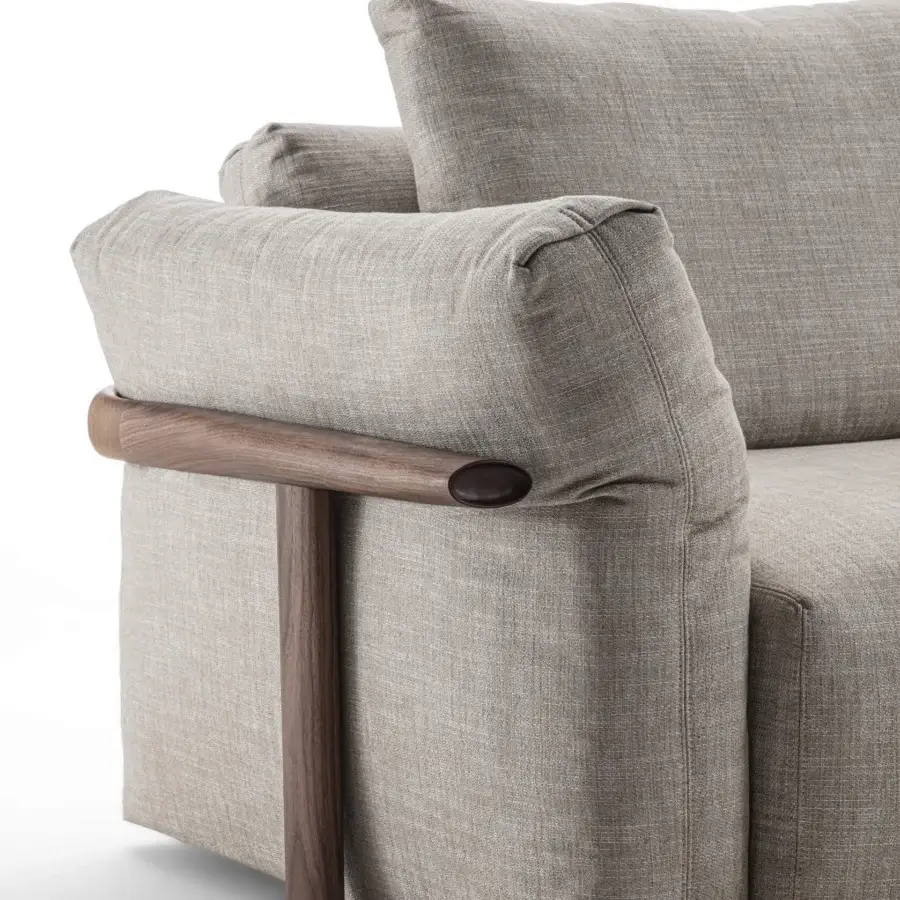 Superior Porada Ronny sofa with sculpted form, quilted goose down duvet in neutral beige textile, and satin-finish hardwood frame