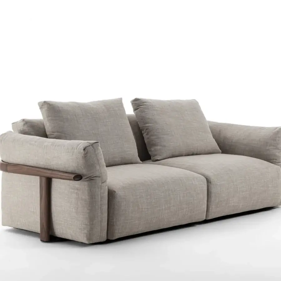 Lavish Porada Ronny sofa with sculpted form, light gray textile upholstery and satin-finish multilayer wood structure