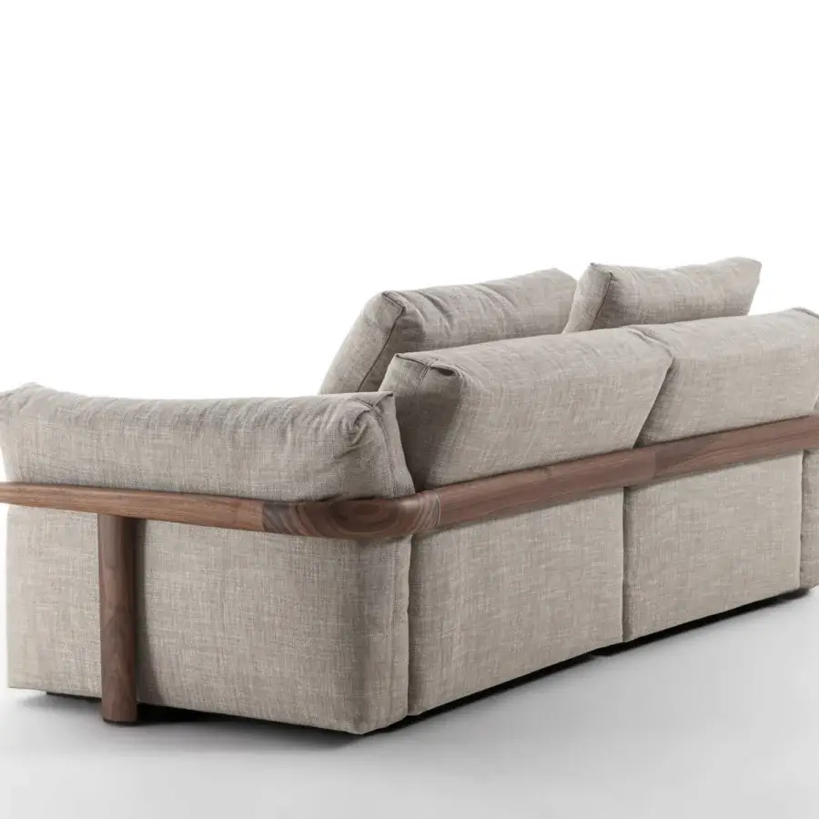 Superior Porada Ronny sofa with sculpted form, neutral beige textile upholstery and smooth satin medium-brown wood frame