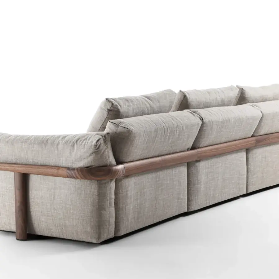 Distinguished Porada Ronny sofa with quilted goose down cushions, muted beige-grey textile upholstery and satin-finished multilayer wood frame