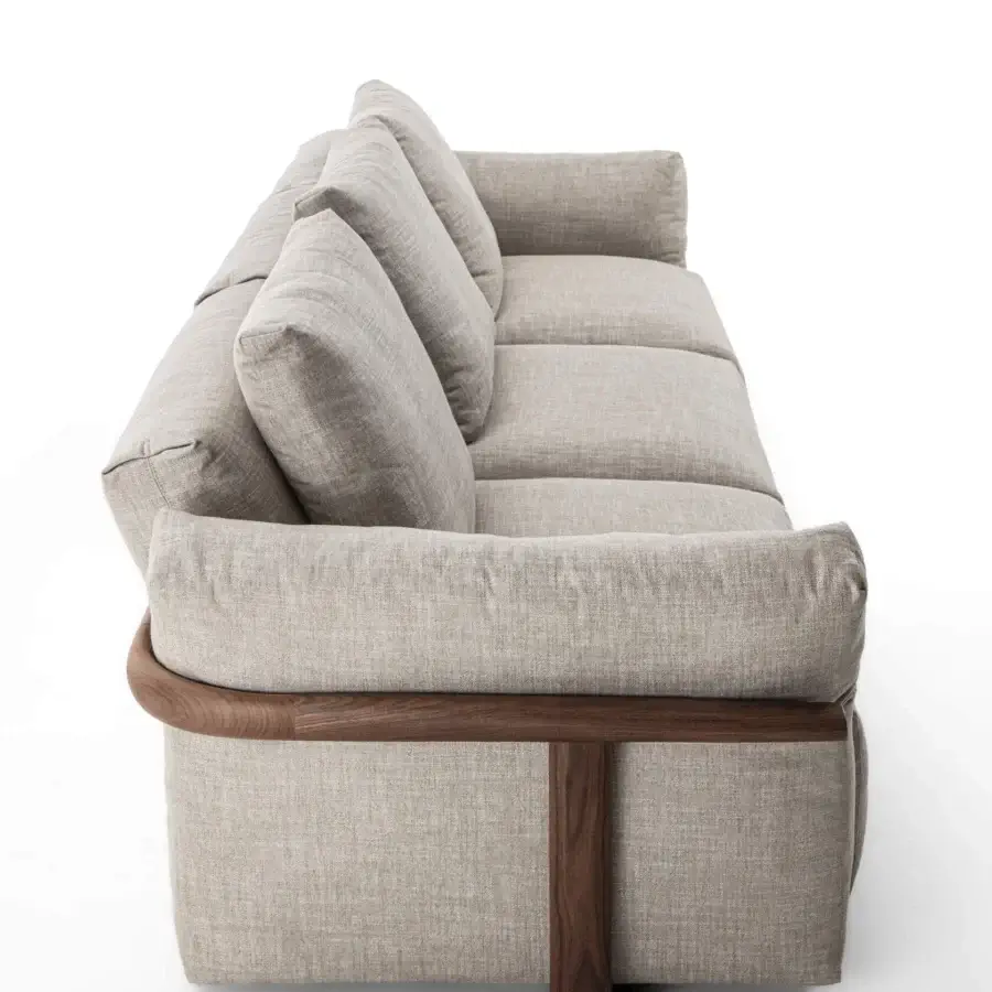 Exceptional Porada Ronny sofa crafted in Italy with neutral beige textile upholstery and satin finished multilayer wood frame