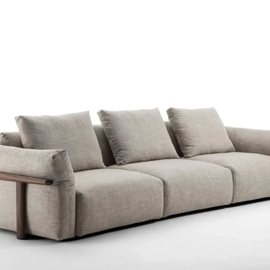 Lavish Porada Ronny sofa crafted in Italy with quilted goose down, soft cushions and muted beige textile upholstery