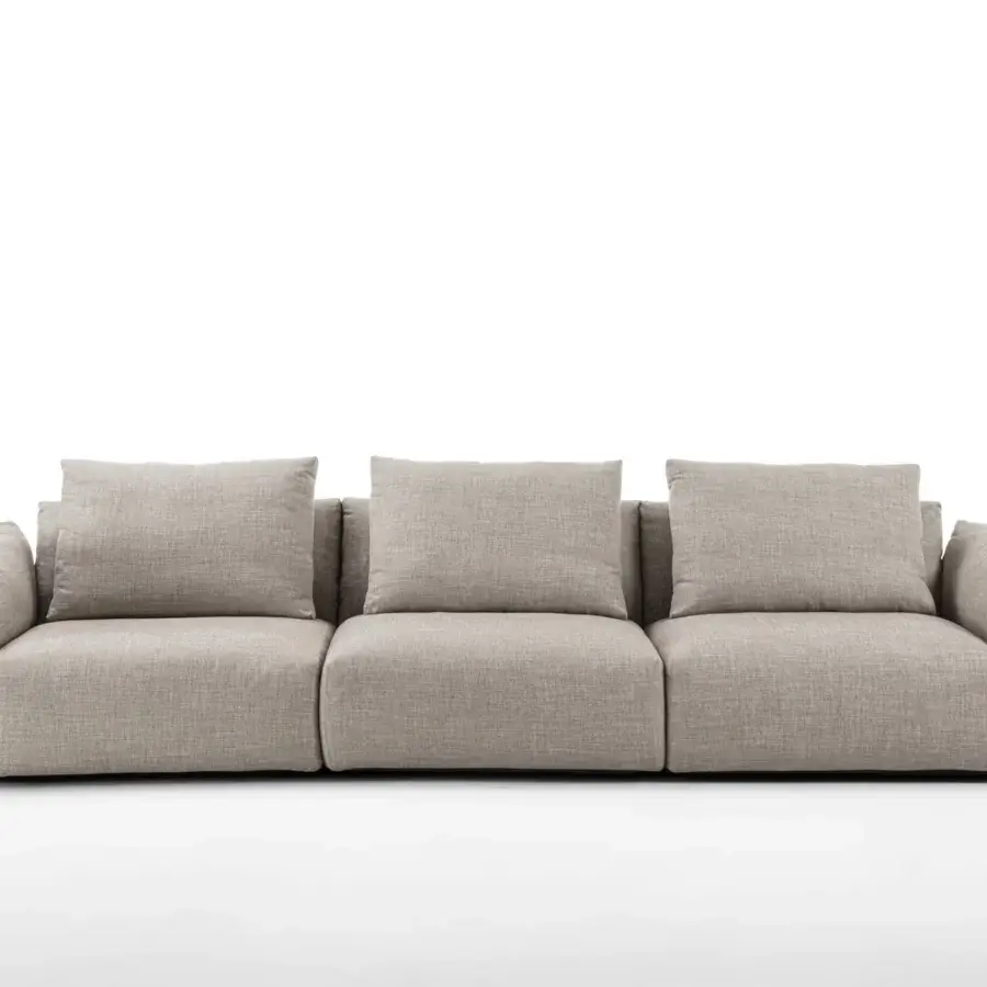 Superior Porada Ronny sofa upholstered in subtly textured neutral beige textile with quilted goose down and multilayer wood frame