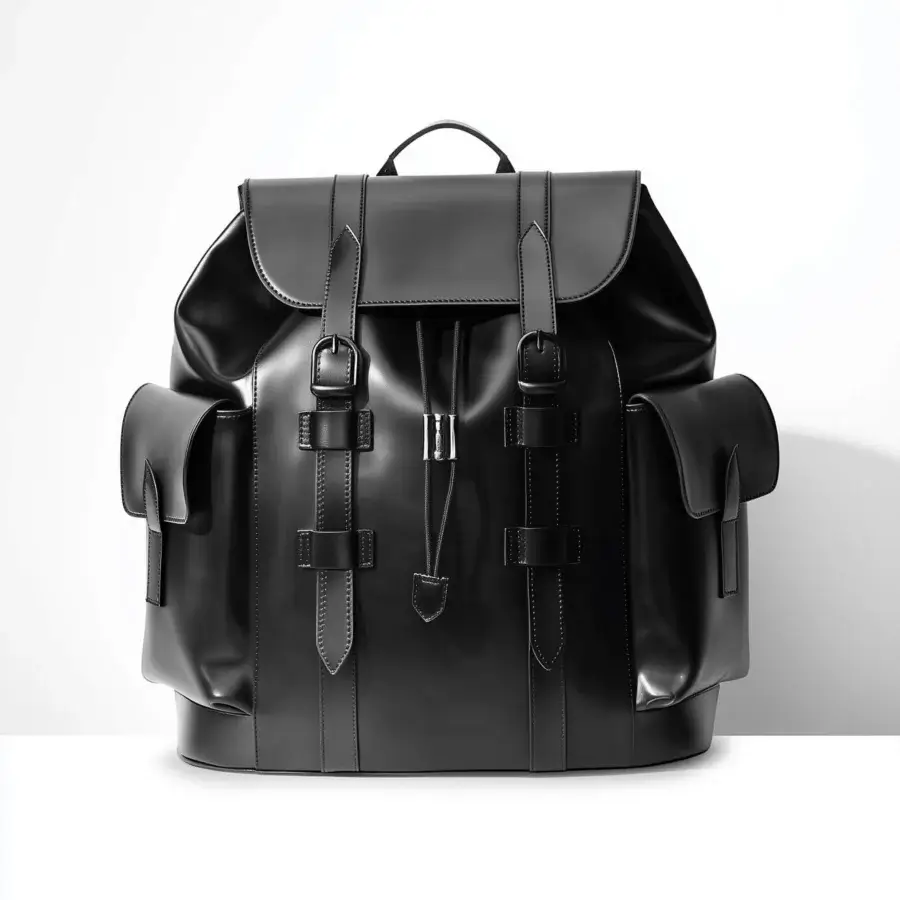 Distinguished Mascheroni Biggie backpack crafted in Italy from smooth leather with black finish and secure flap closure