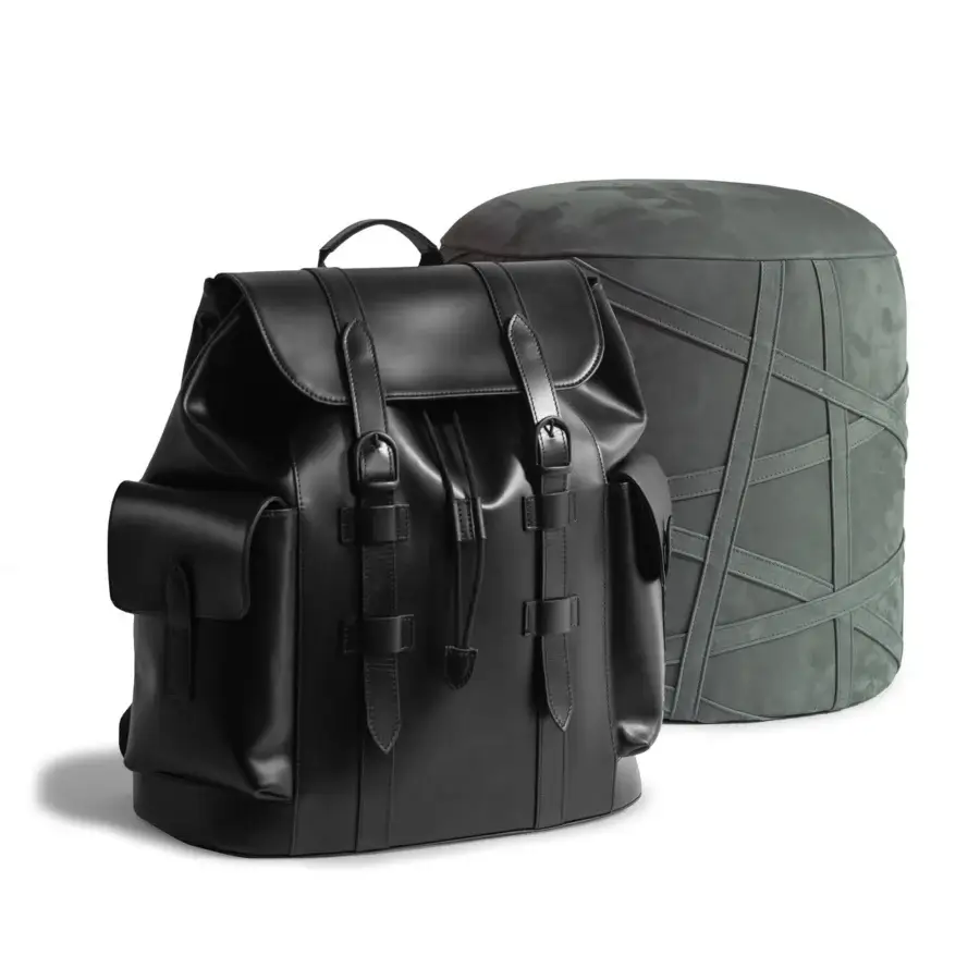 Exceptional Mascheroni Biggie backpack crafted in Italy from smooth glossy leather with greenish-gray textile detailing