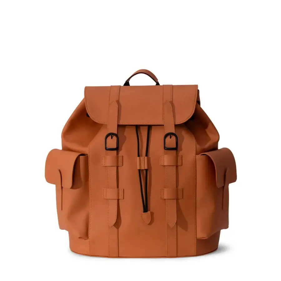 Superior Mascheroni Biggie backpack crafted in Italy from supple orange-brown leather with black hardware finish