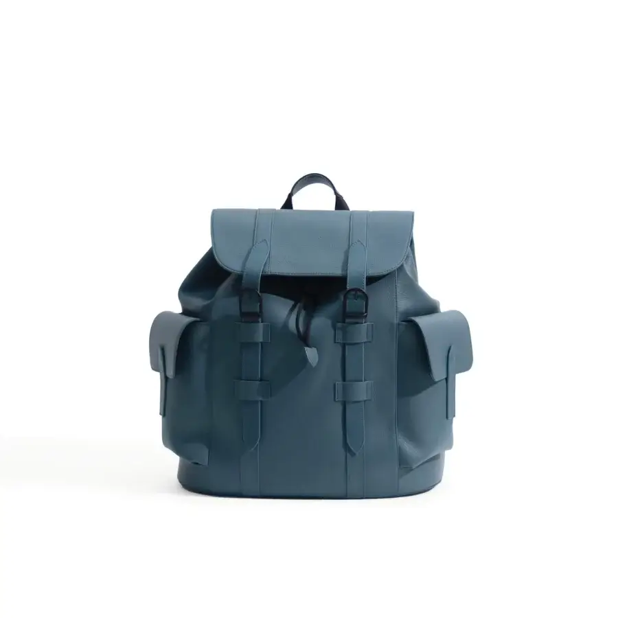 Elegant Mascheroni Biggie backpack crafted in Italy from supple black leather with a muted teal hue