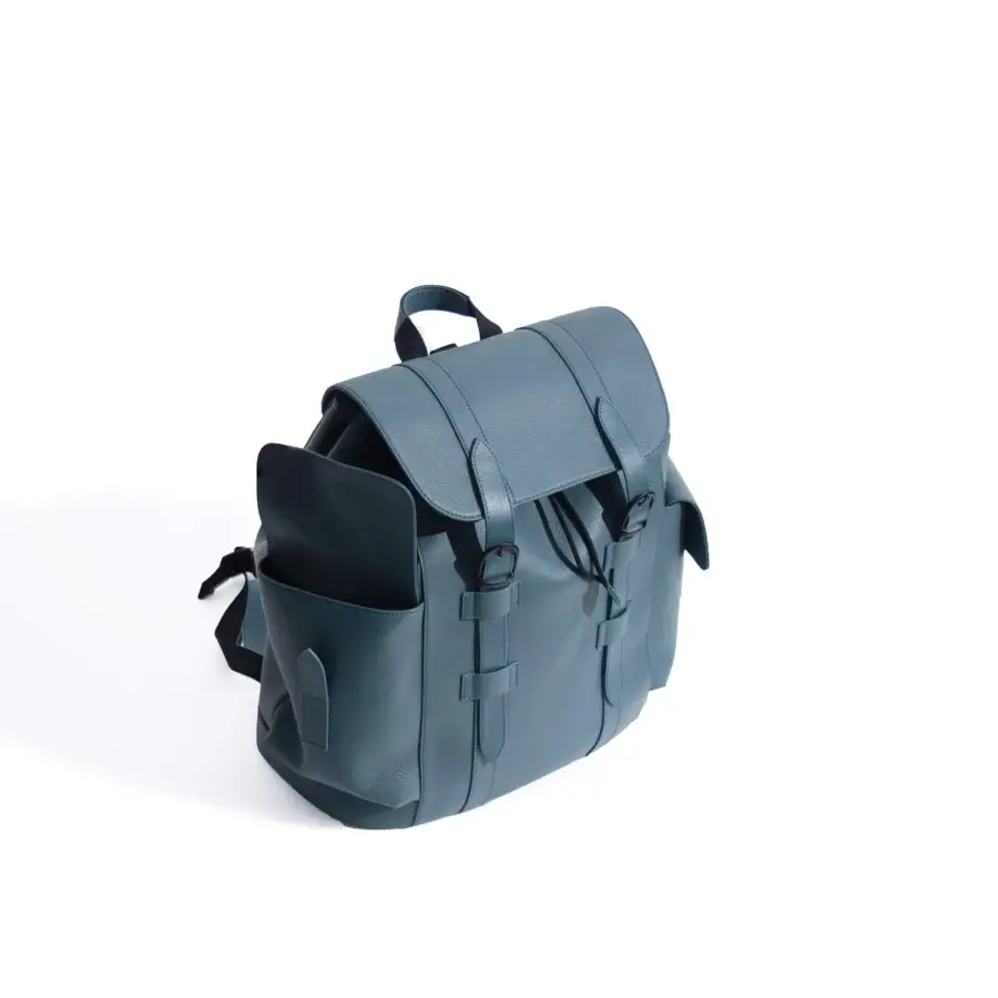 Elegant Mascheroni Biggie backpack crafted in Italy from supple black leather with muted teal accents