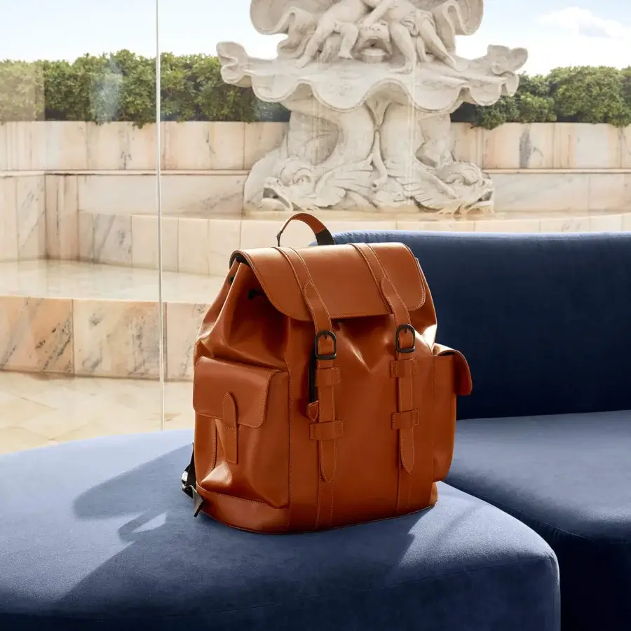 Exceptional Mascheroni Biggie backpack crafted in smooth medium-brown leather with a satin finish for modern travel
