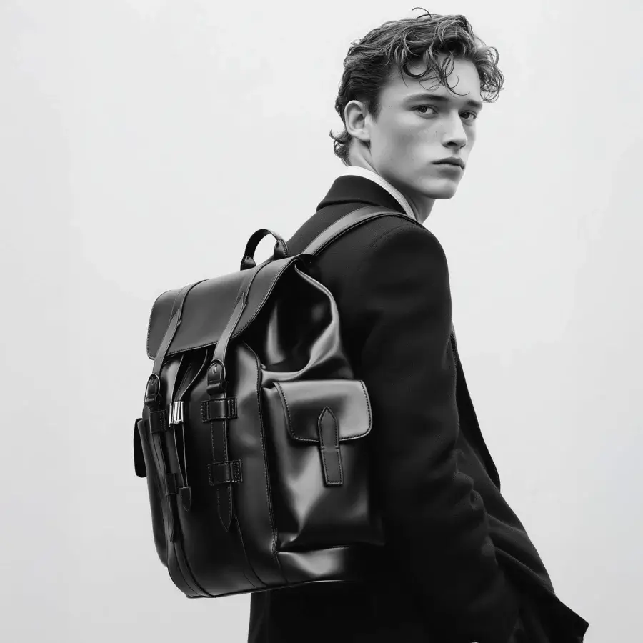 Distinguished Mascheroni Biggie backpack crafted in Italy with smooth black leather and a fabric-lined interior