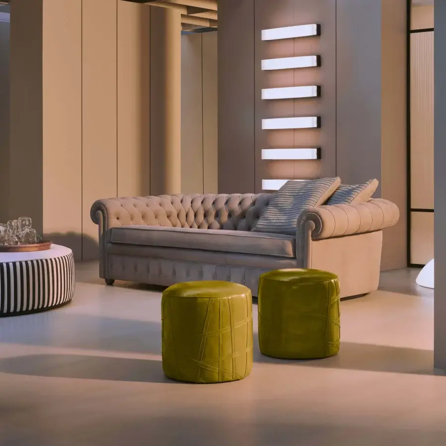 Exceptional Mascheroni San Lorenzo ottoman crafted in muted olive green leather with geometric textured finish