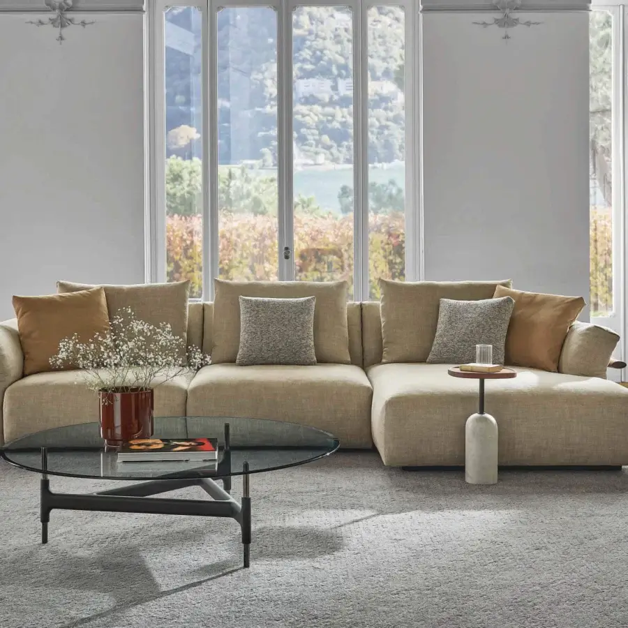 Lavish Porada Ronny sectional with multilayer wood frame and plush goose down cushioning in subtly textured beige textile