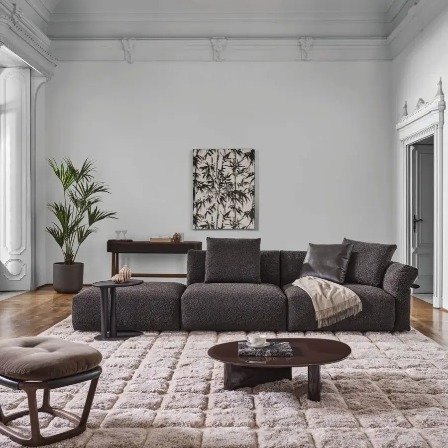 Exceptional Porada Ronny sectional with dark gray woven fabric upholstery and quilted goose down cushions