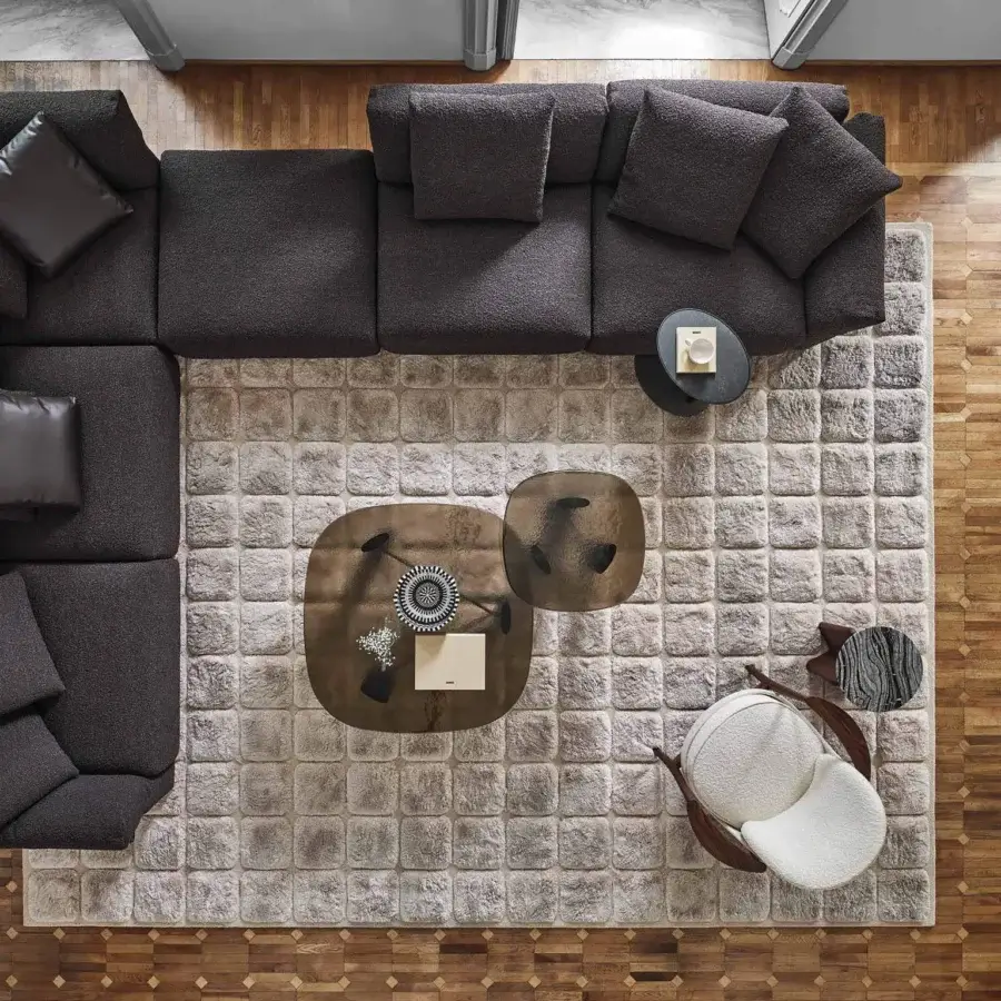 Lavish Porada Ronny sectional with dark gray textured textile upholstery and quilted 100% goose down cushions built with multilayer wood frame