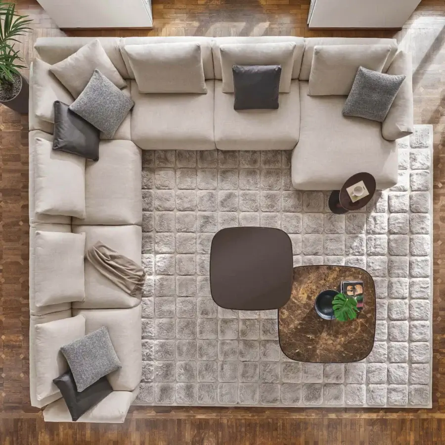 Distinguished Porada Ronny sectional with light beige textile upholstery and multilayer wood construction