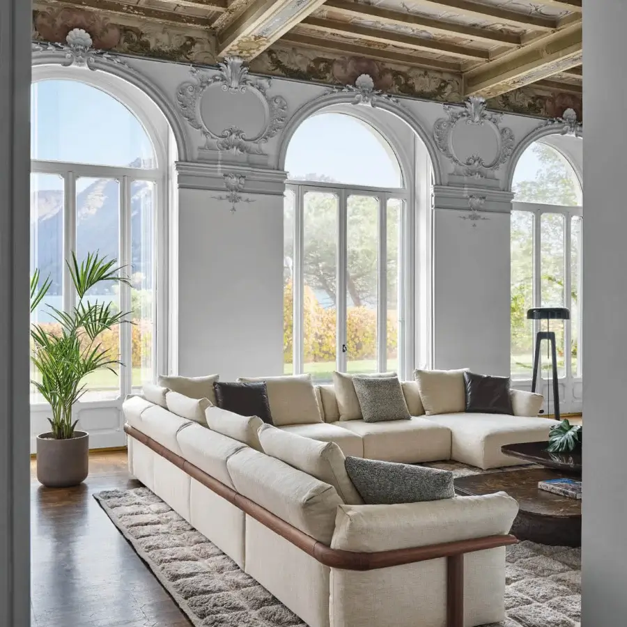 Superior Porada Ronny sectional with neutral beige textured textile upholstery and satin finished solid wood frame