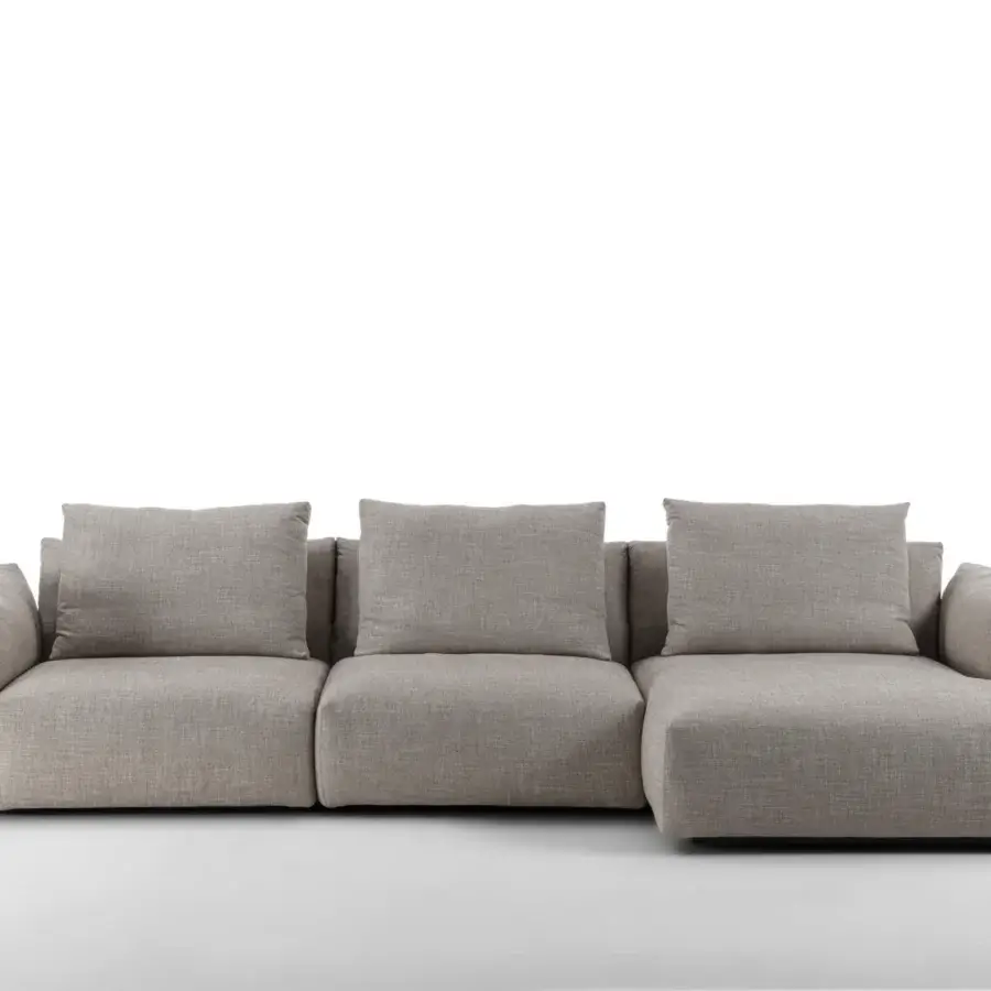 Lavish Porada Ronny sectional with warm gray fabric upholstery and quilted 100% goose down layering