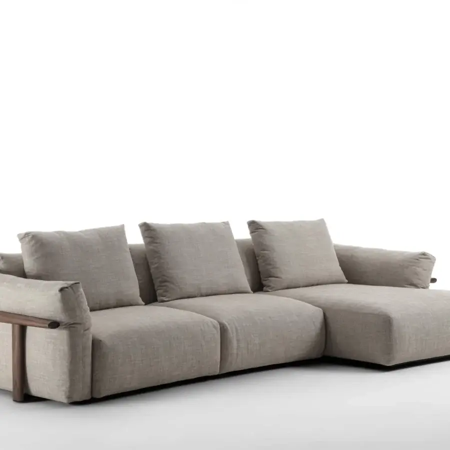 Distinguished Porada Ronny sectional with textured neutral beige textile and refined multilayer wood frame built with poplar and fir