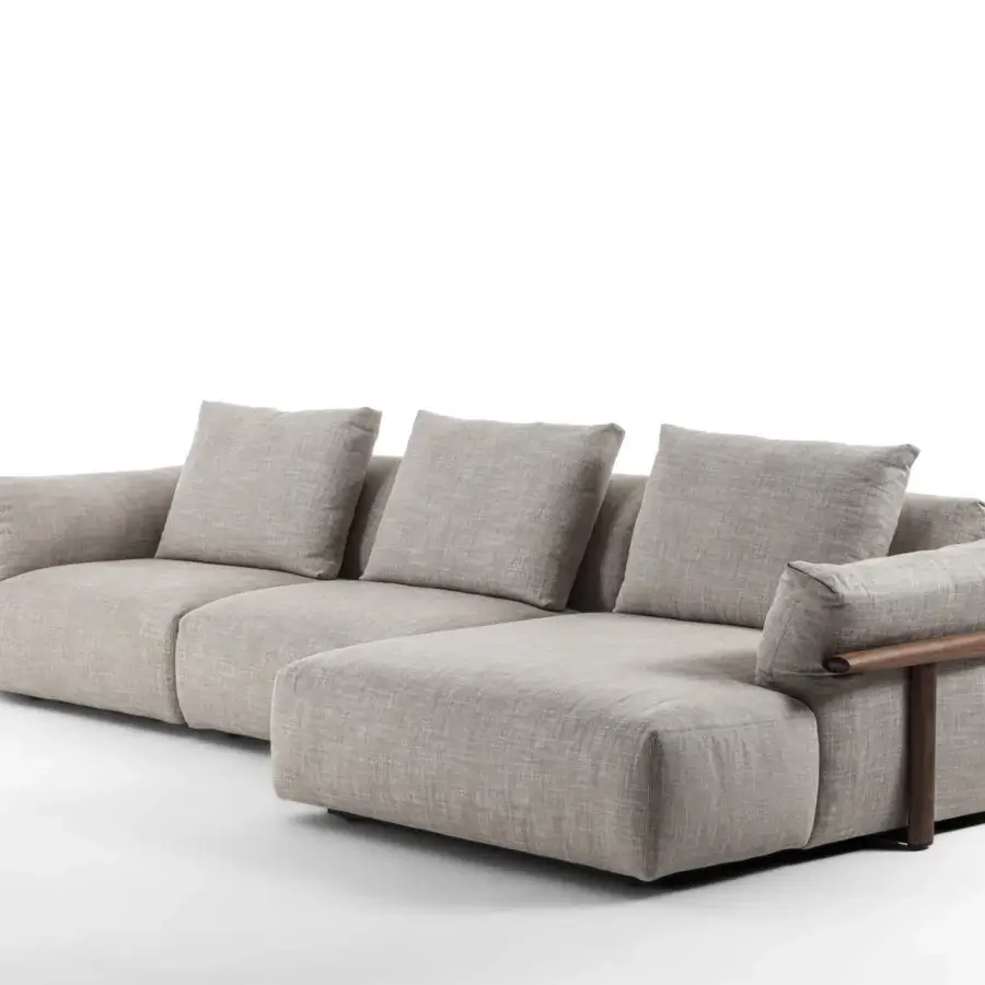 Exceptional Porada Ronny sectional in light gray woven textile with quilted 100% goose down and warm-toned solid wood support