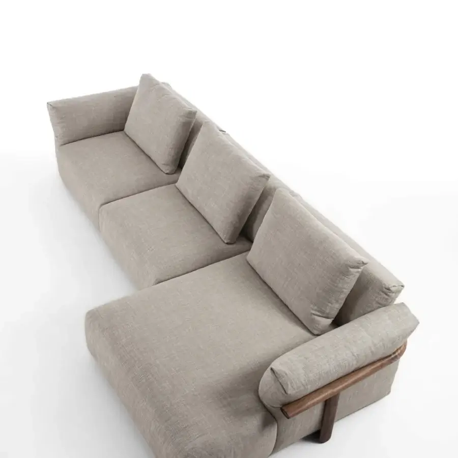 Lavish Porada Ronny sectional in neutral beige textile upholstery crafted with a smooth satin finish solid wood structure