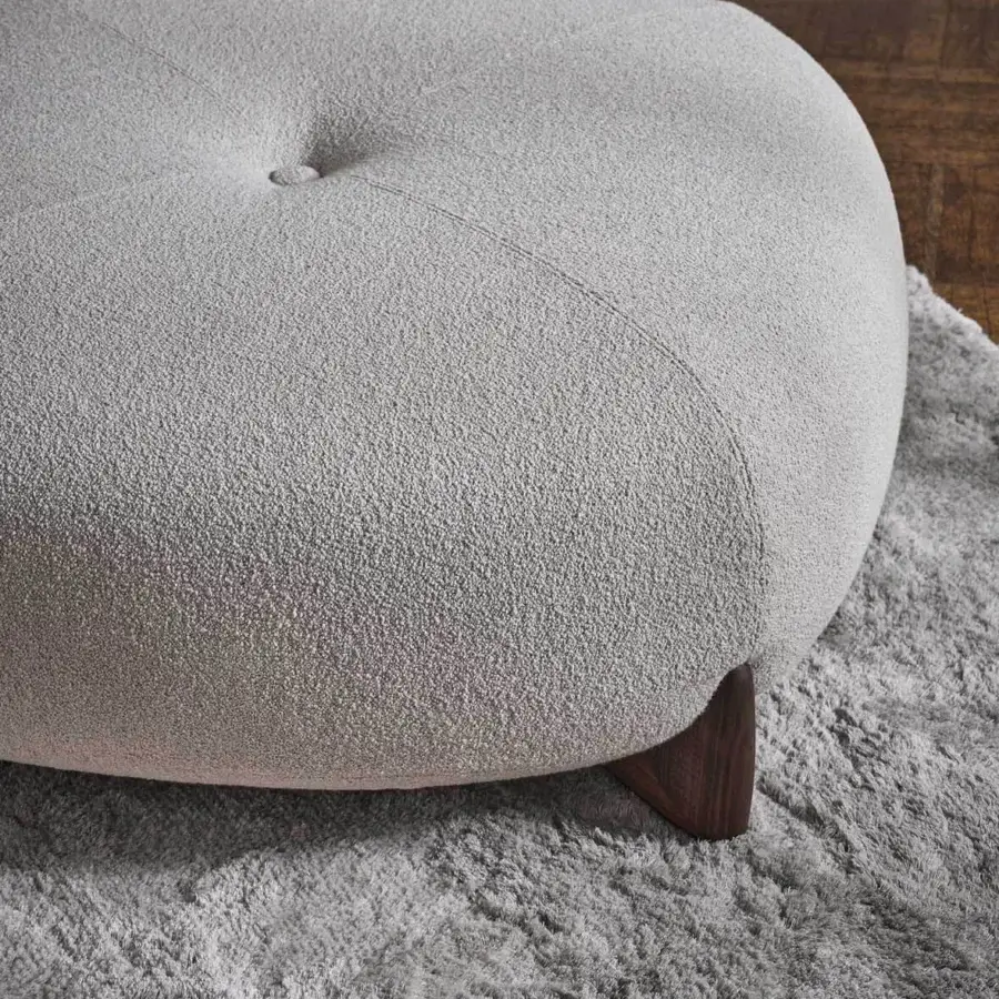 Exceptional Porada Softbay ottoman in neutral gray boucle textile with criss-cross stitching and paperclip metal feet